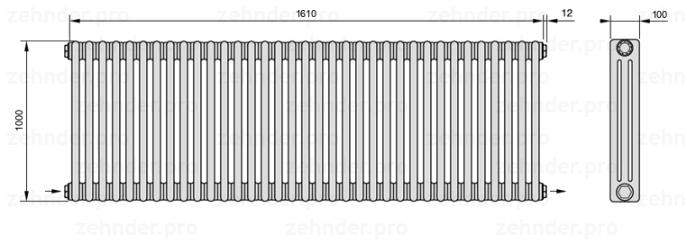 Схема (чертеж) Радиатор Zehnder Charleston 3100/35 №2670 Белый глянцевый RAL 9016